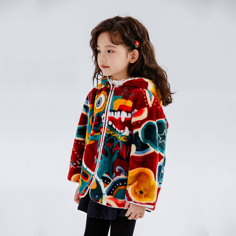 Dragon Long Love and Luck Auspicious Print Fleece Hooded Jacket-5-color-NianYi Red -  NianYi, Chinese Traditional Clothing for Kids