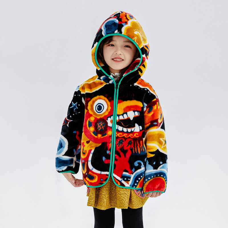 Dragon Long Love and Luck Auspicious Print Fleece Hooded Jacket-6-color-Jet Black -  NianYi, Chinese Traditional Clothing for Kids