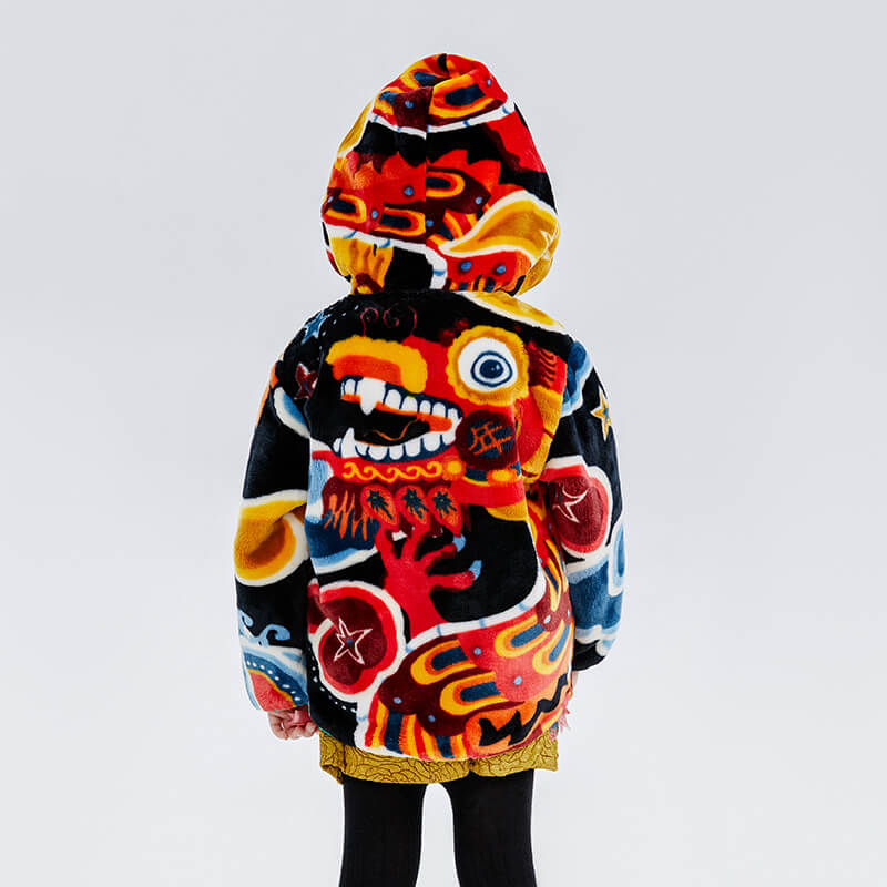 Dragon Long Love and Luck Auspicious Print Fleece Hooded Jacket-7 -  NianYi, Chinese Traditional Clothing for Kids