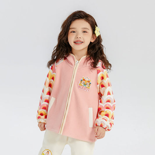 Dragon Long Colorblock Dragon Embroidery Fleece Hooded Raglan Jacket-1 -  NianYi, Chinese Traditional Clothing for Kids