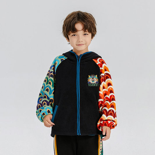 Dragon Long Colorblock Dragon Embroidery Fleece Hooded Raglan Jacket-2 -  NianYi, Chinese Traditional Clothing for Kids