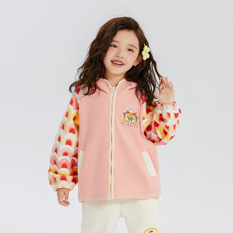 Dragon Long Colorblock Dragon Embroidery Fleece Hooded Raglan Jacket-4-color-Pale Crimson -  NianYi, Chinese Traditional Clothing for Kids