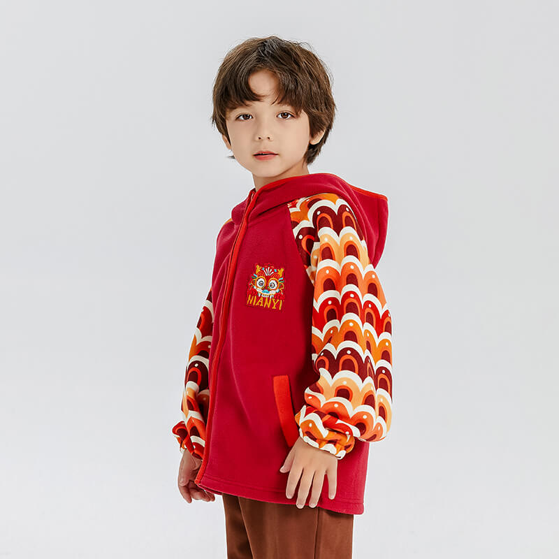 Dragon Long Colorblock Dragon Embroidery Fleece Hooded Raglan Jacket-7 -  NianYi, Chinese Traditional Clothing for Kids