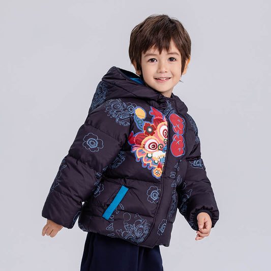 Dragon Long Hide and Seek Dragon Print Hooded Down Jacket-2 -  NianYi, Chinese Traditional Clothing for Kids