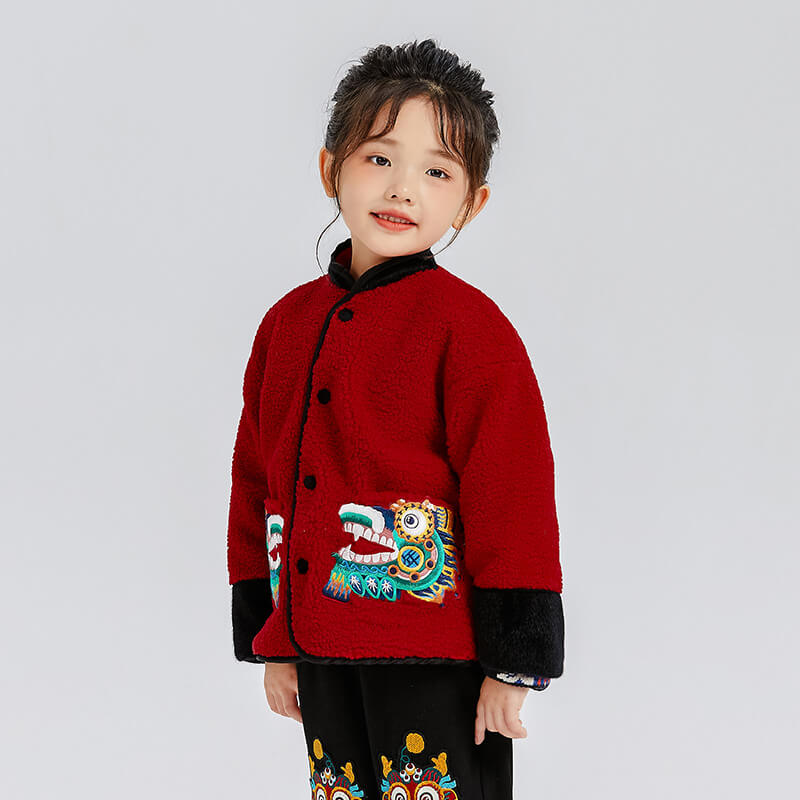 Dragon Long Double Happy Dragon Embroidery Tang Jacket-2-color-NianYi Red -  NianYi, Chinese Traditional Clothing for Kids