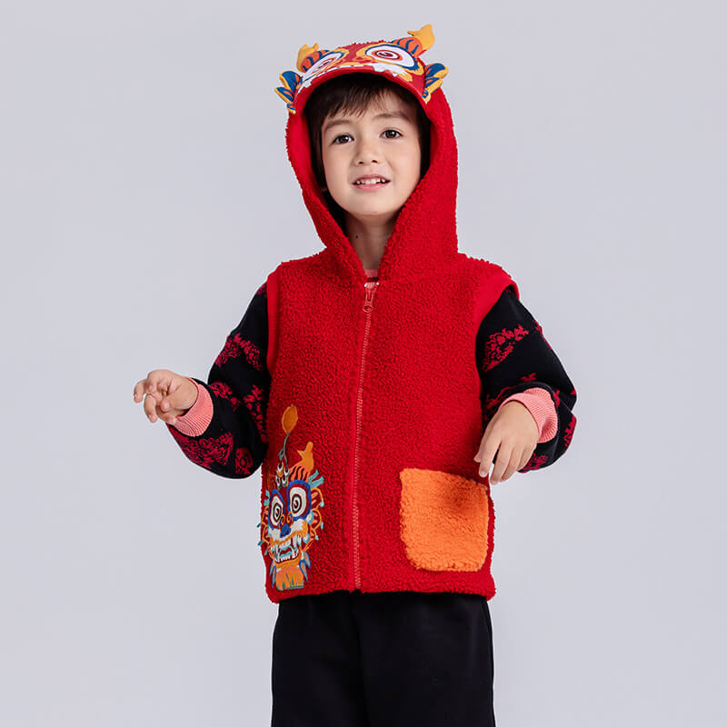Dragon Long Faux Shepa Hooded Vest with Auspicious Dragon Embroidery-1 -  NianYi, Chinese Traditional Clothing for Kids