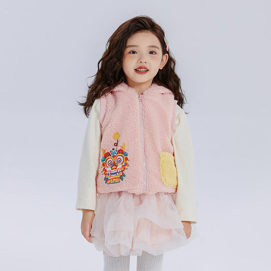 Dragon Long Faux Shepa Hooded Vest with Auspicious Dragon Embroidery-2 -  NianYi, Chinese Traditional Clothing for Kids