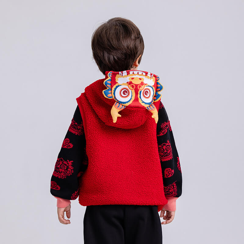 Dragon Long Faux Shepa Hooded Vest with Auspicious Dragon Embroidery-4 -  NianYi, Chinese Traditional Clothing for Kids
