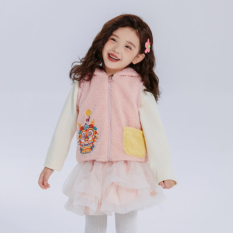 Dragon Long Faux Shepa Hooded Vest with Auspicious Dragon Embroidery-6 -  NianYi, Chinese Traditional Clothing for Kids