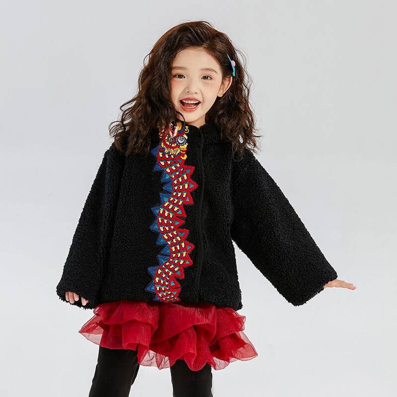 Dragon Long Flying Dragon Embroidery Sherpa Hooded Jacket-1 -  NianYi, Chinese Traditional Clothing for Kids