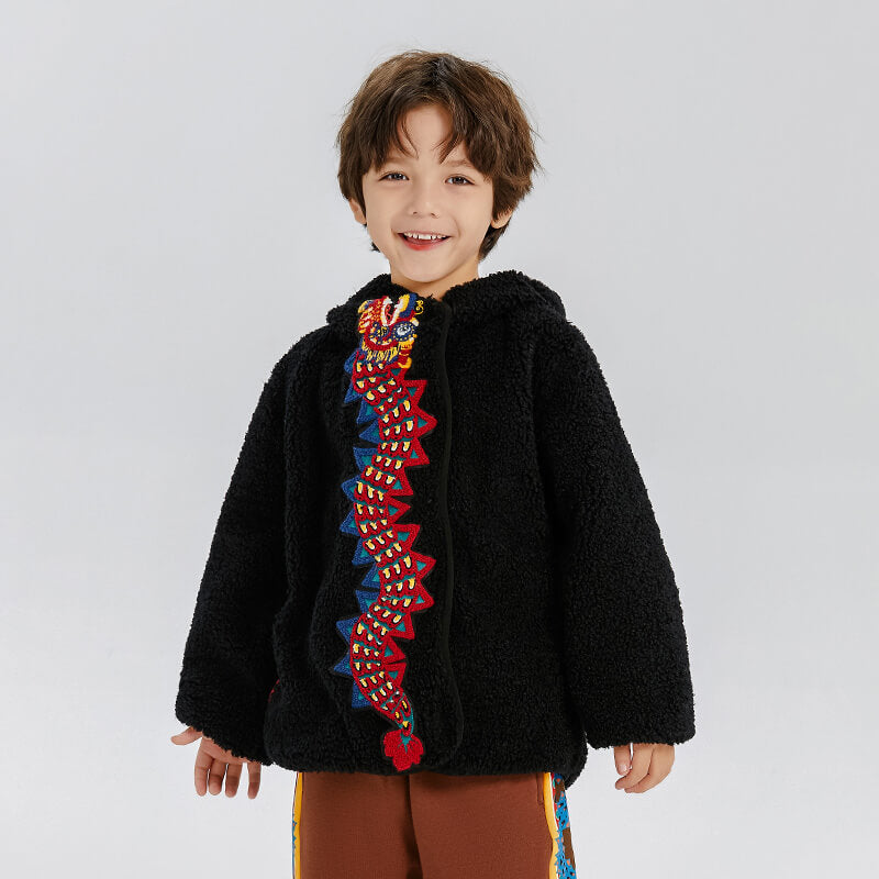 Dragon Long Flying Dragon Embroidery Sherpa Hooded Jacket-3-color-Jet Black -  NianYi, Chinese Traditional Clothing for Kids