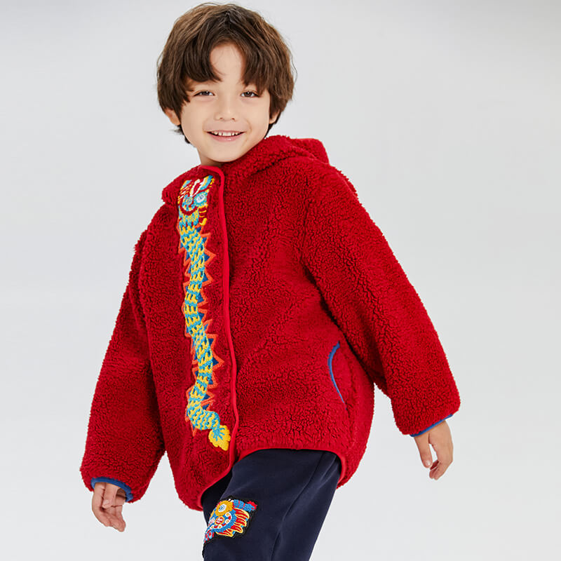 Dragon Long Flying Dragon Embroidery Sherpa Hooded Jacket-6-color-NianYi Red -  NianYi, Chinese Traditional Clothing for Kids
