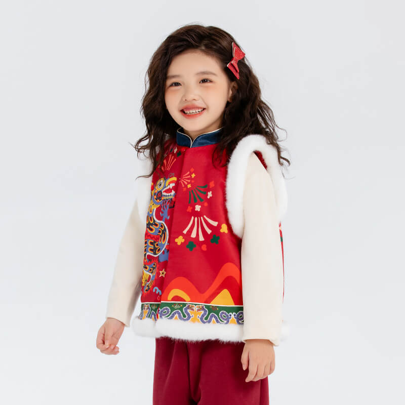 Dragon Long Happy Dragon and Fireworks Fluffy Button up Vest-3-color-Aster Red -  NianYi, Chinese Traditional Clothing for Kids