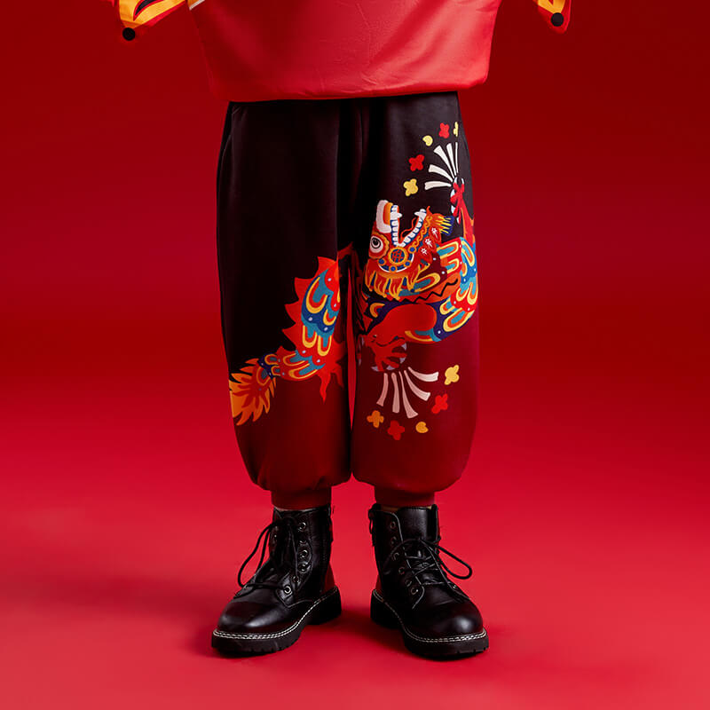 Dragon Long Colorblock Dragon and Fireworks Fleece Sweatpants-1 -  NianYi, Chinese Traditional Clothing for Kids