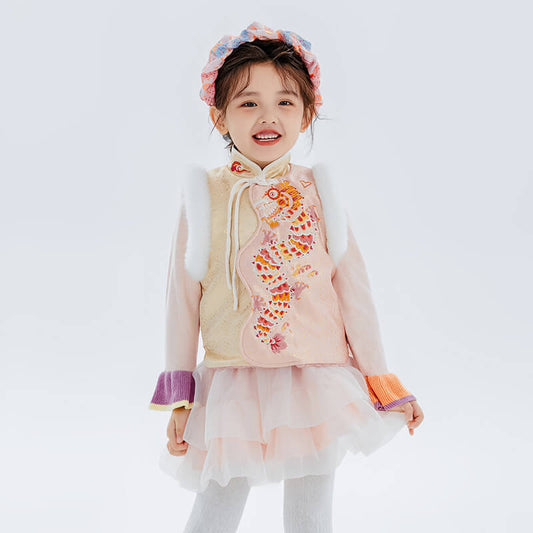 Dragon Long Color Block Lurex Dragon Embroidery Fluffy Vest-2 -  NianYi, Chinese Traditional Clothing for Kids