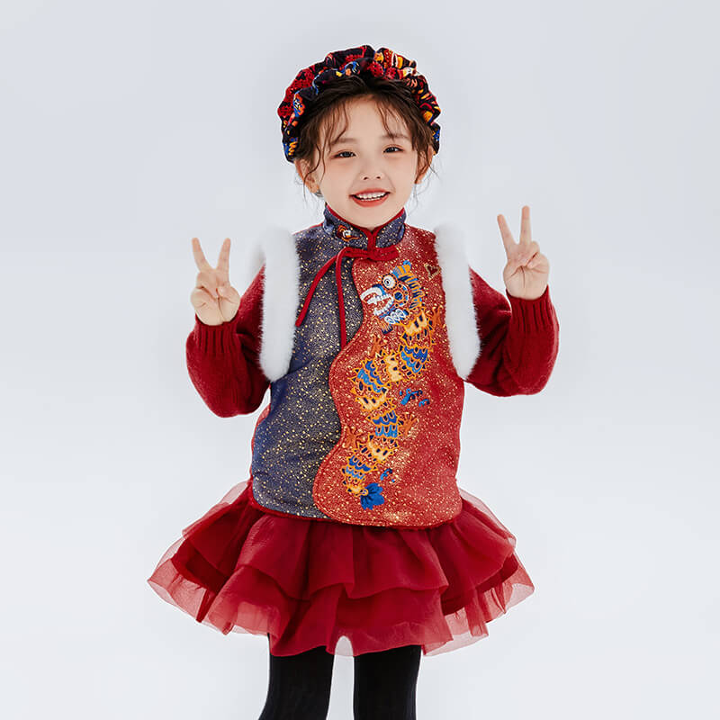 Dragon Long Color Block Lurex Dragon Embroidery Fluffy Vest-6-color-NianYi Red -  NianYi, Chinese Traditional Clothing for Kids