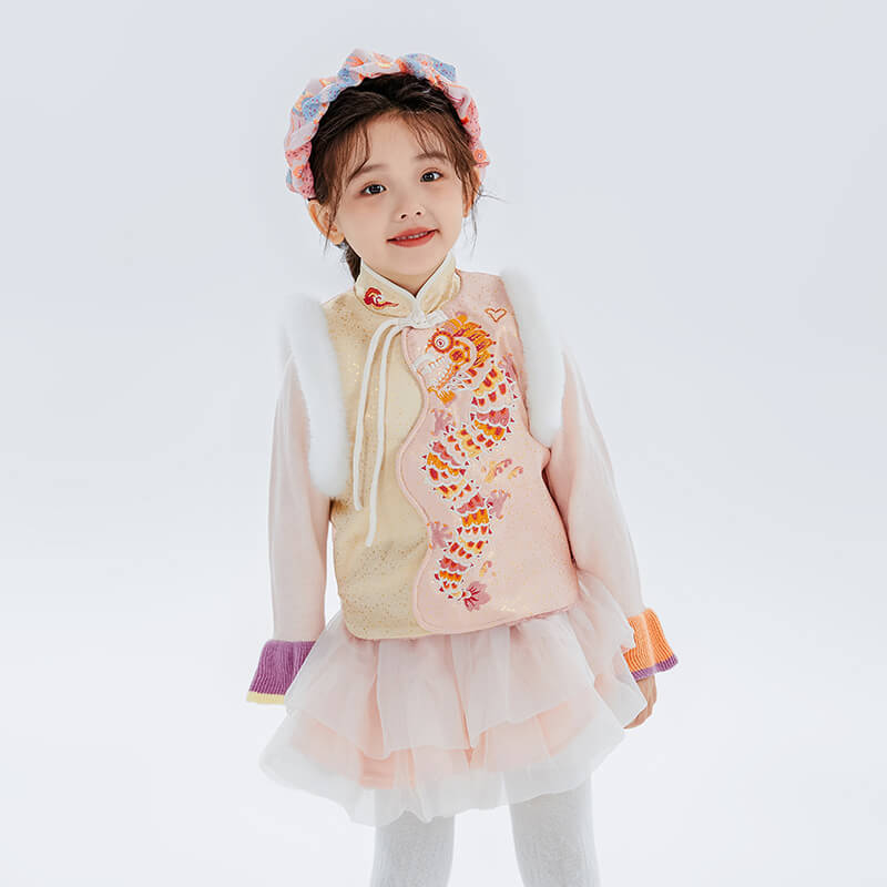 Dragon Long Color Block Lurex Dragon Embroidery Fluffy Vest-8 -  NianYi, Chinese Traditional Clothing for Kids