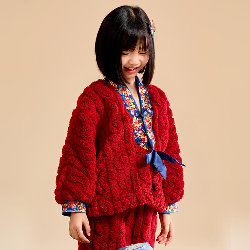 Dragon Long Embroidery Fluffy Sherpa Homewear Set-3-color-NianYi Red -  NianYi, Chinese Traditional Clothing for Kids
