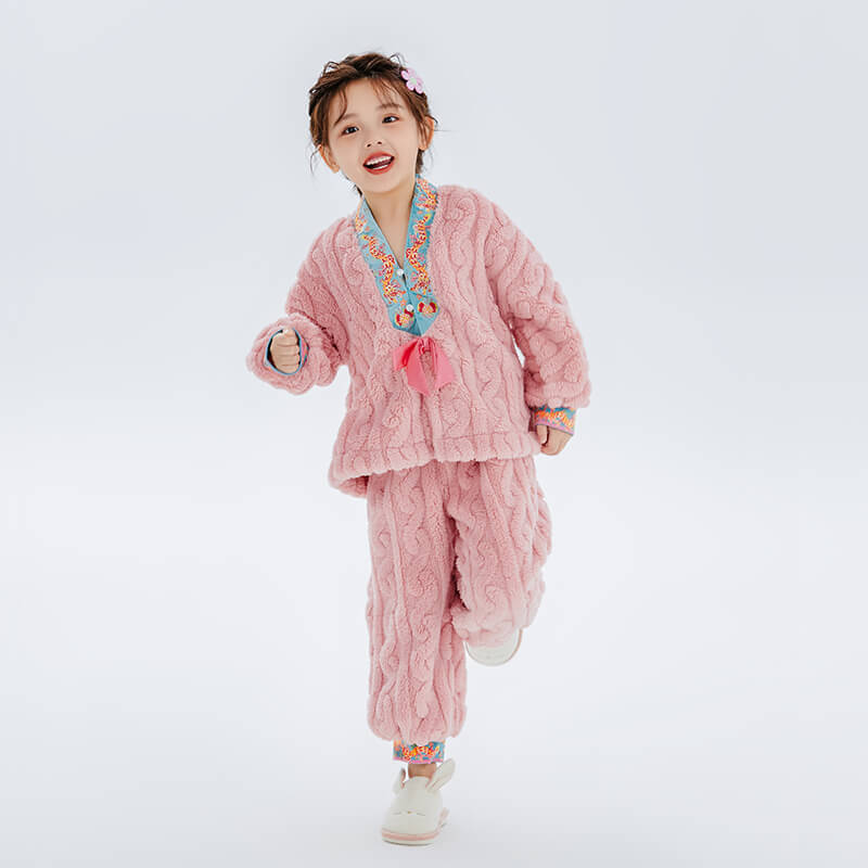 Dragon Long Embroidery Fluffy Sherpa Homewear Set-5-color-Persian Silk Pink -  NianYi, Chinese Traditional Clothing for Kids