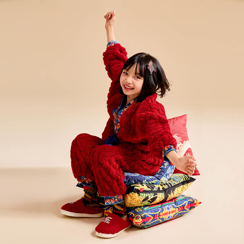 Dragon Long Embroidery Fluffy Sherpa Homewear Set-6 -  NianYi, Chinese Traditional Clothing for Kids