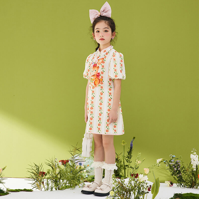 NianYi-Chinese-Traditional-Clothing-for-Kids-Floral Rabbit Qipao Dress-N102046-1